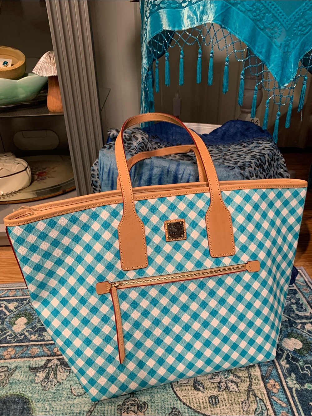 Dooney & Bourke Aqua Checkered Tote NWOT NEW QVC gingham